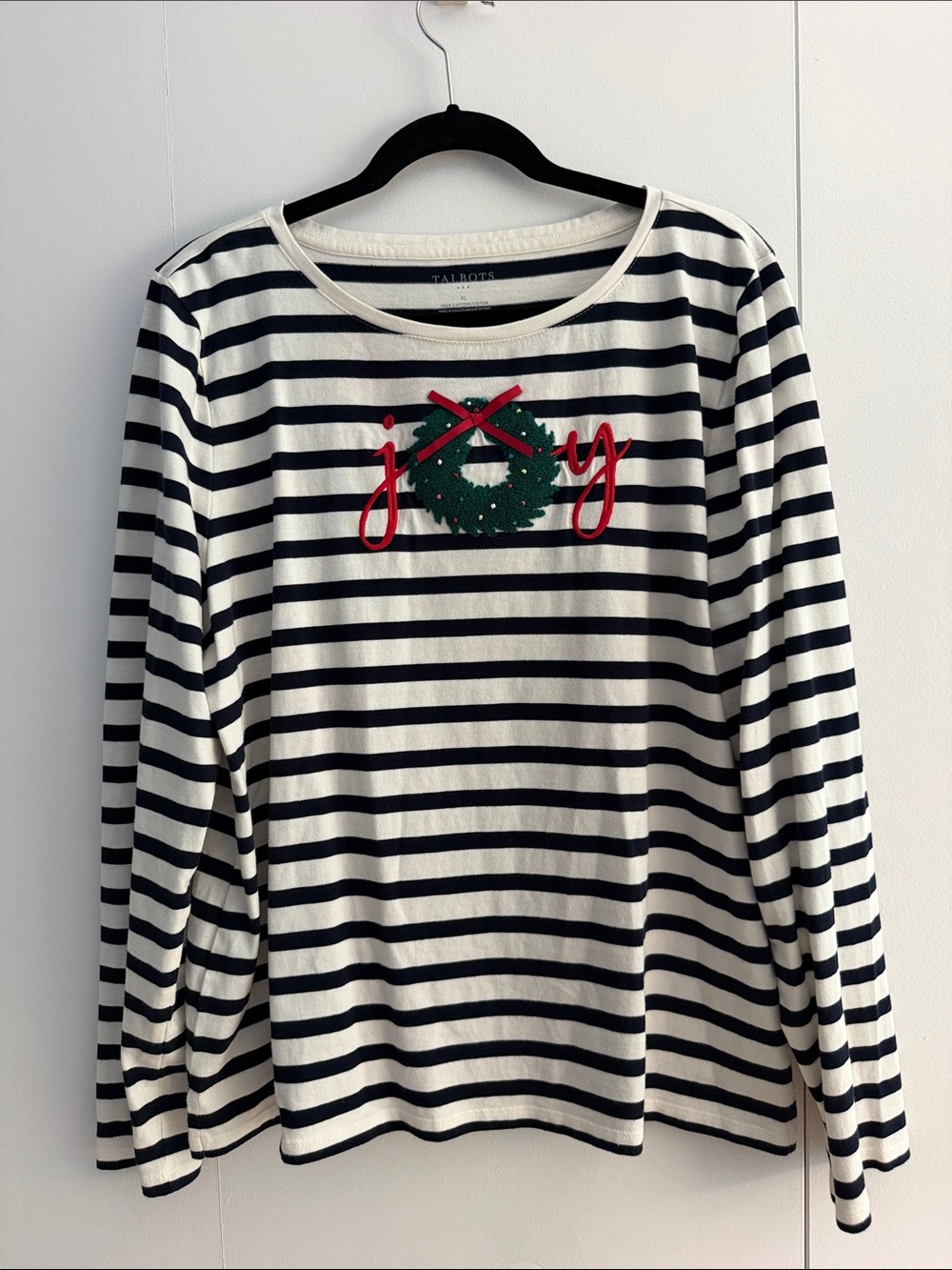 Talbots Navy & White Striped Long-Sleeve Top with Red and Green Wreath